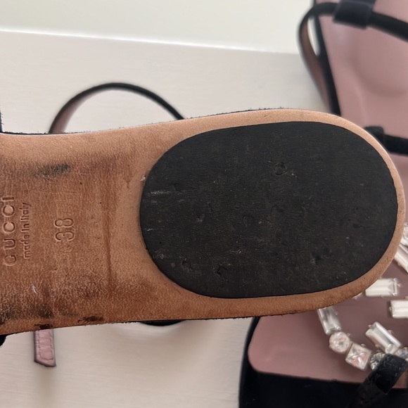 Gucci Black Satin GG Interlocking Crystal Ankle Strap Flat Sandals gladiator - Picture 3 of 6